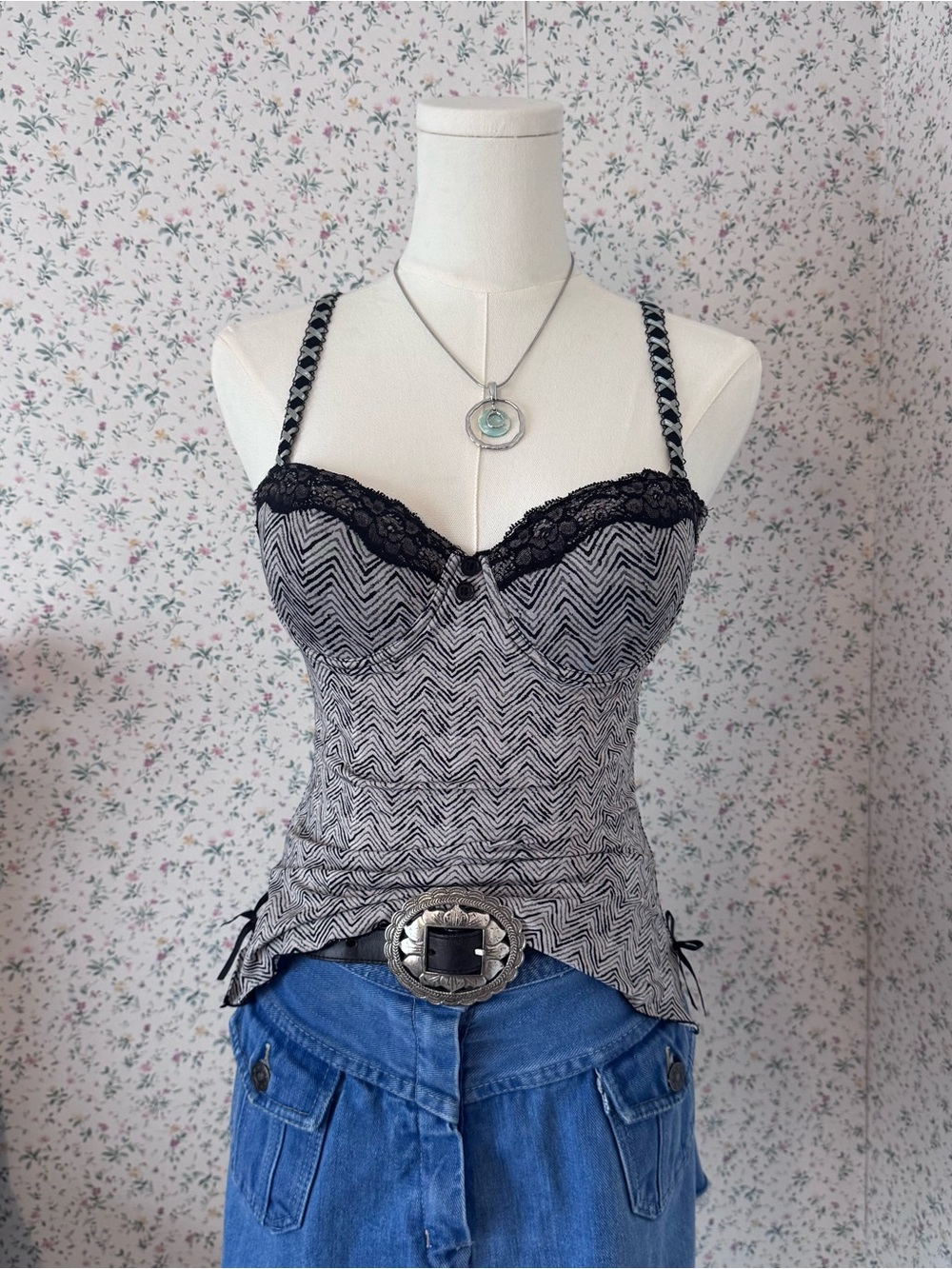 Y2K Black & White Lace Trim Bustier Top